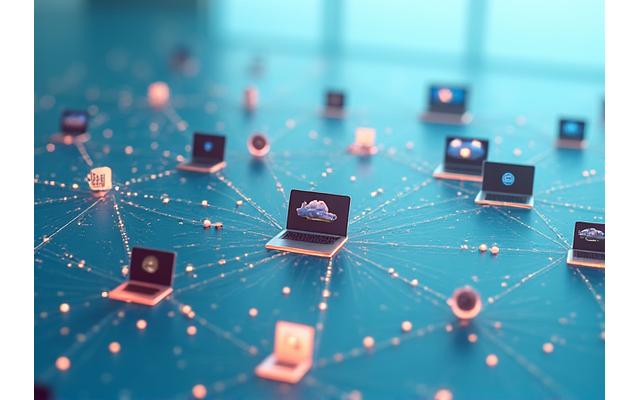 A stylized infographic showing interconnected digital devices and data flowing, representing HR technology integration and efficiency.