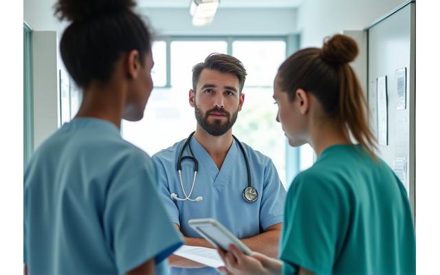 Medical professionals in scrubs discussing patient charts in a hospital corridor.